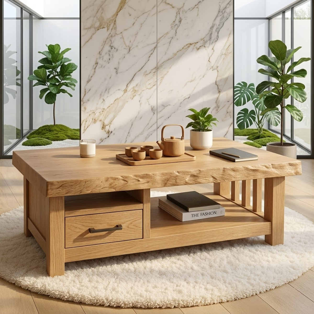 Modern Solid Wood Coffee Table with Drawer and Open Shelf for Living Room Storage