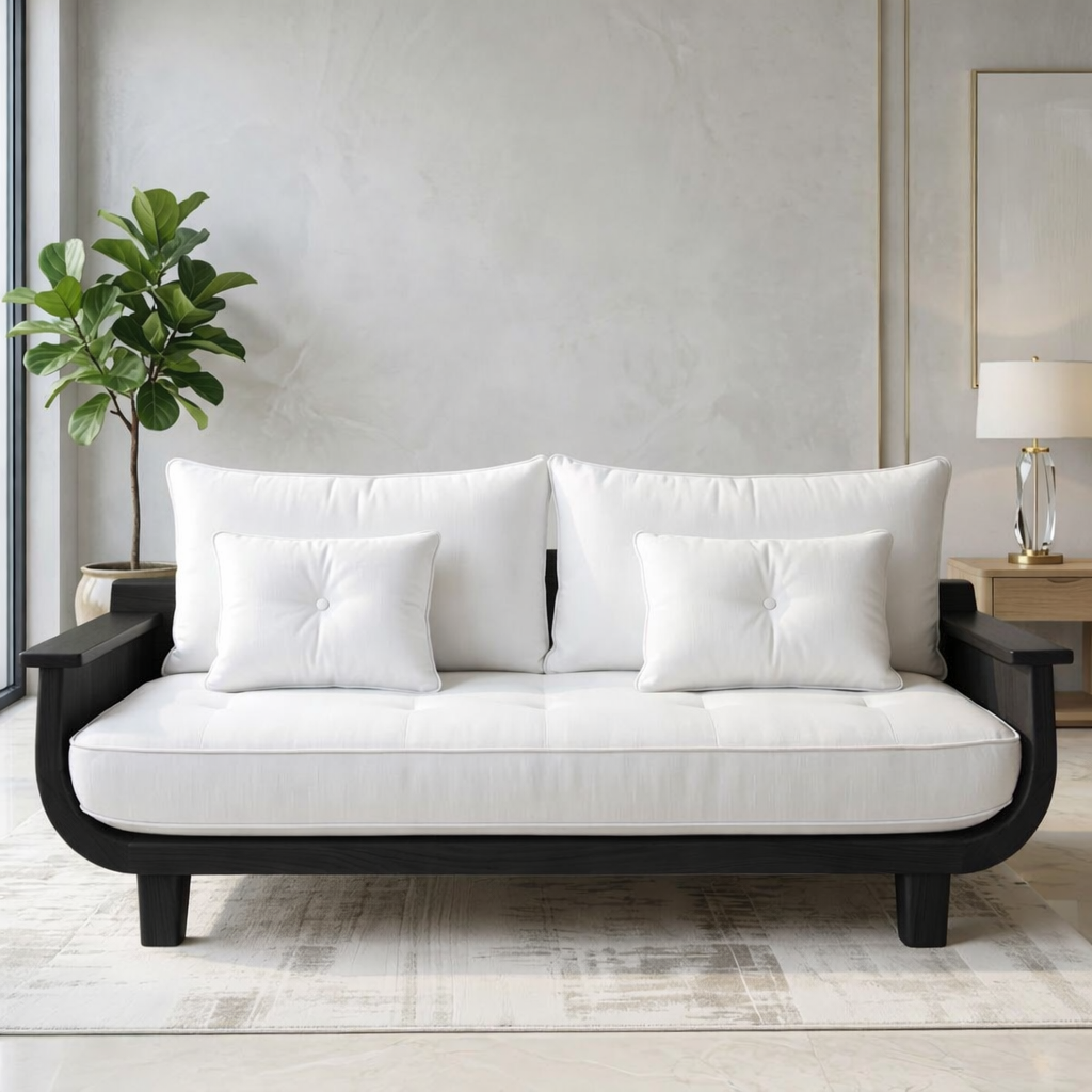 Modern Curved Solid Wood Sofa with White Tufted Cushions Mid Century Seating