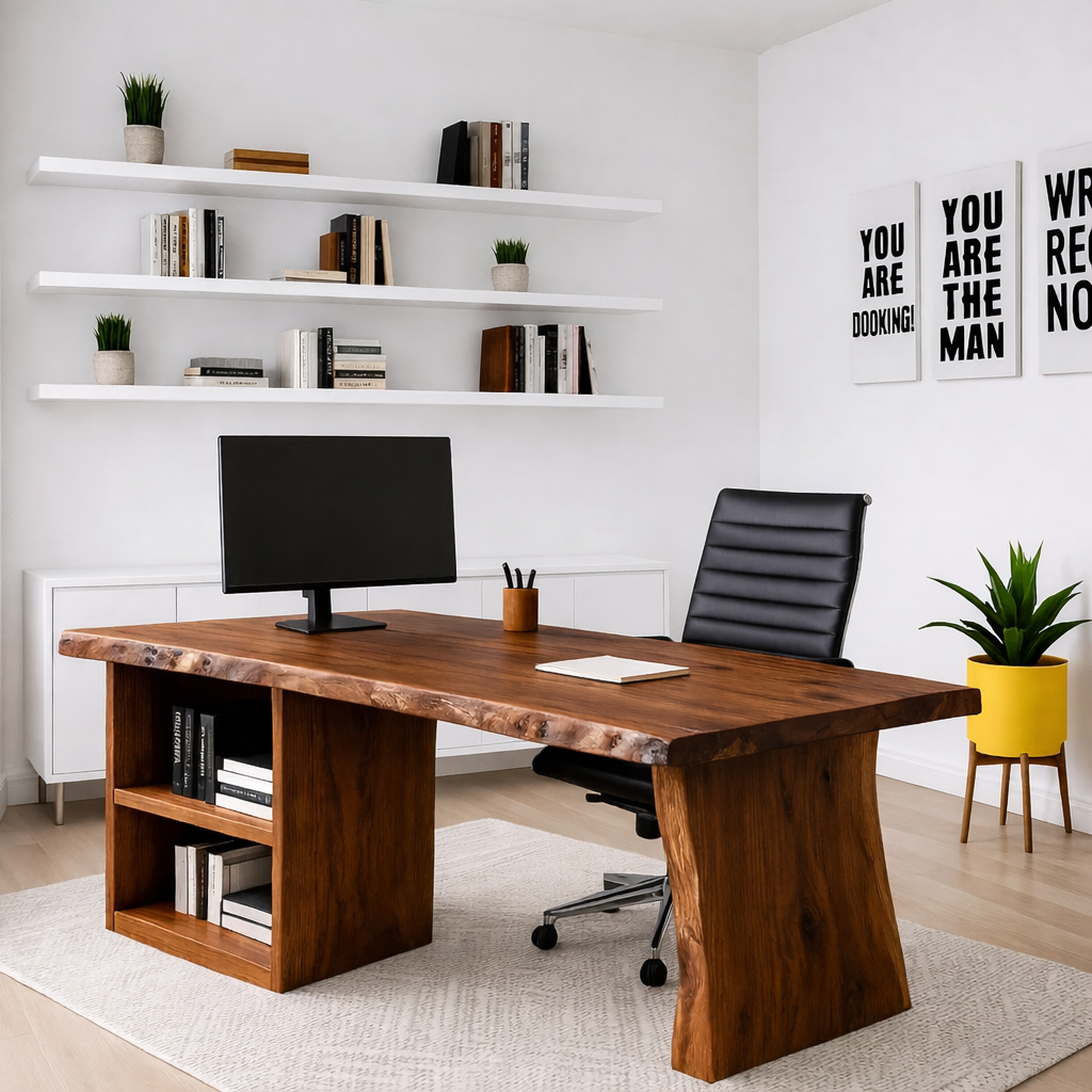 Live Edge Office Desk Modern Executive Writing Desk With Storage Shelf Large Workspace