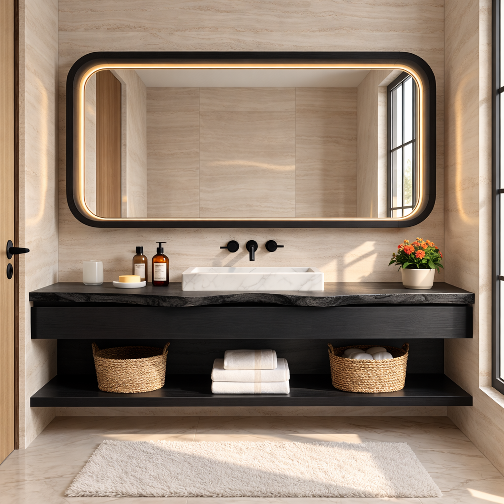 Natural Wood Floating Vanity with Round Mirror and Black Faucets