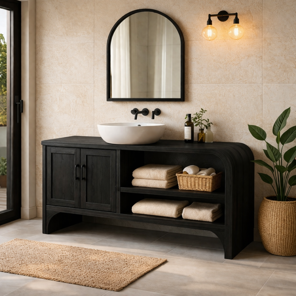 Solid Wood Bathroom Vanity Cabinet with Open Shelf and Double Doors Storage