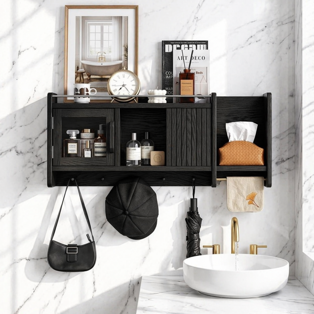 Floating Bathroom Cabinet, Wall Mounted Vanity Shelf Organizer With Tissue Holder