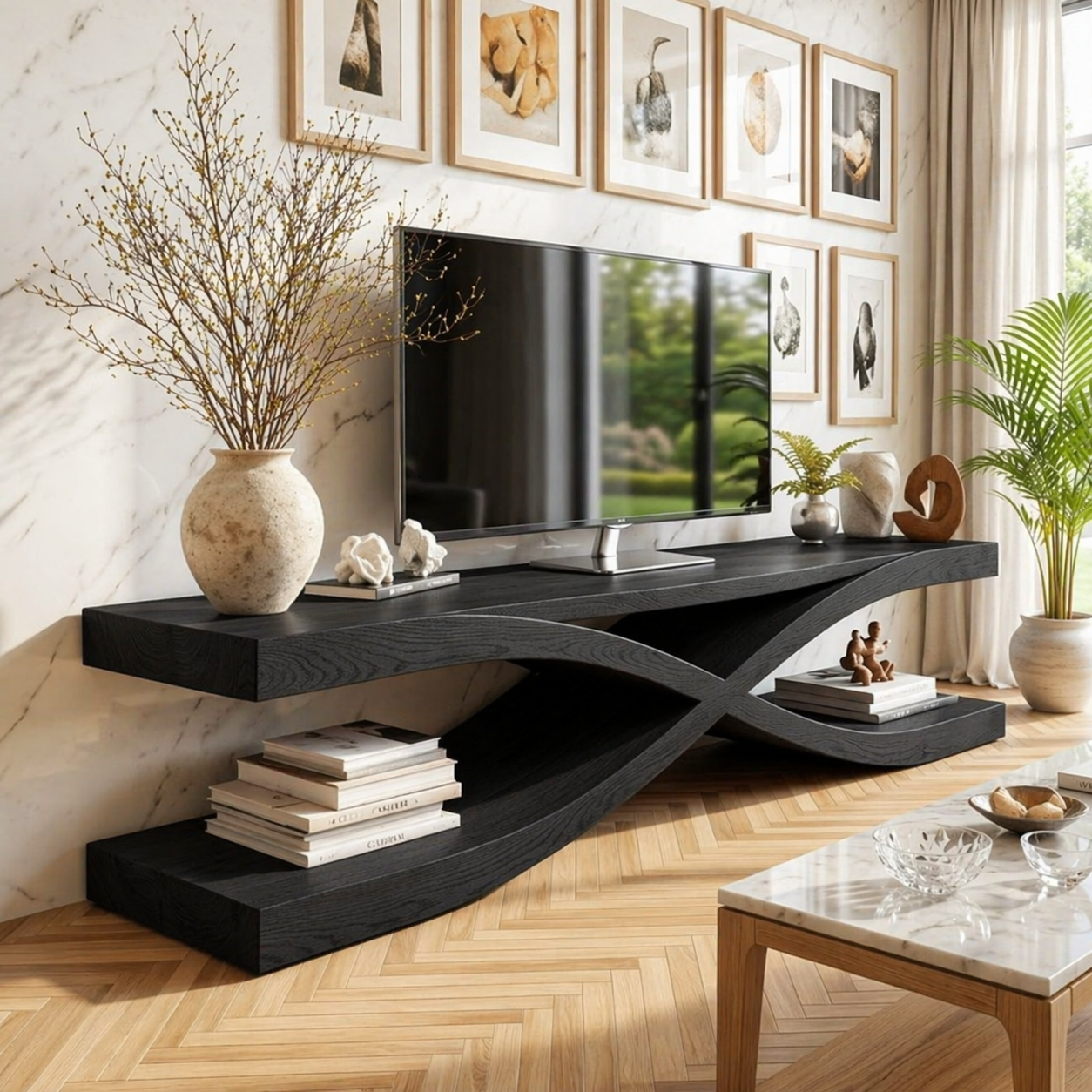 Modern Wave TV Console, Sculptural Media Stand, Minimalist Living Room Cabinet