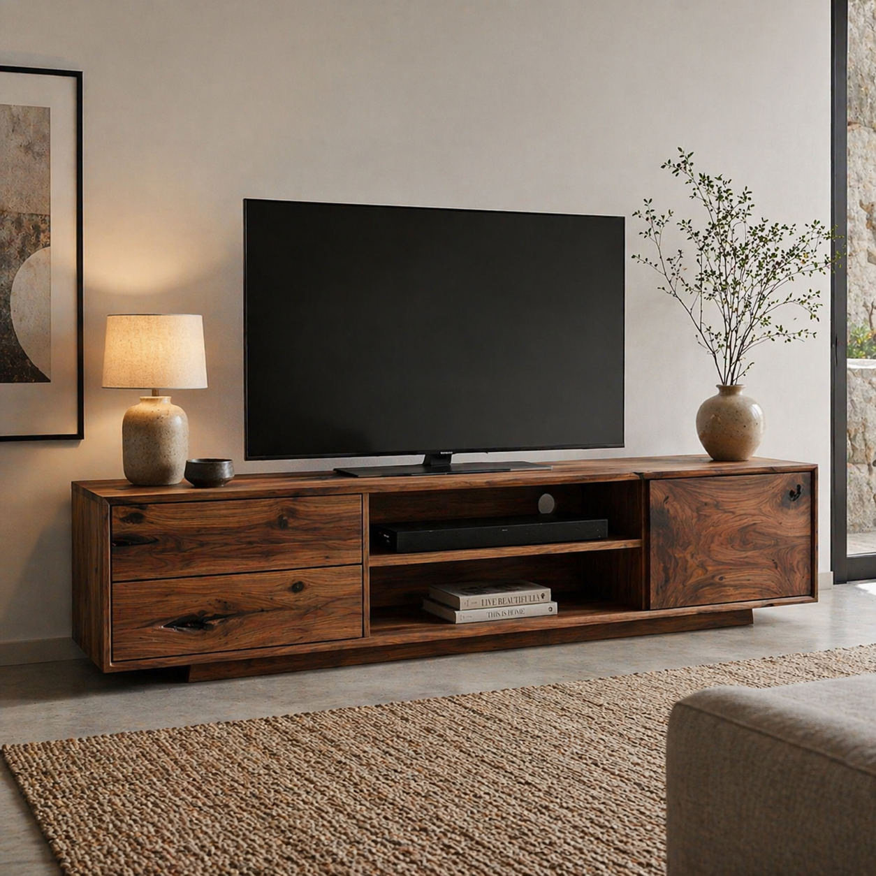 Solid Wood Media Console with Drawers, Modern Rustic TV Stand with Open Storage