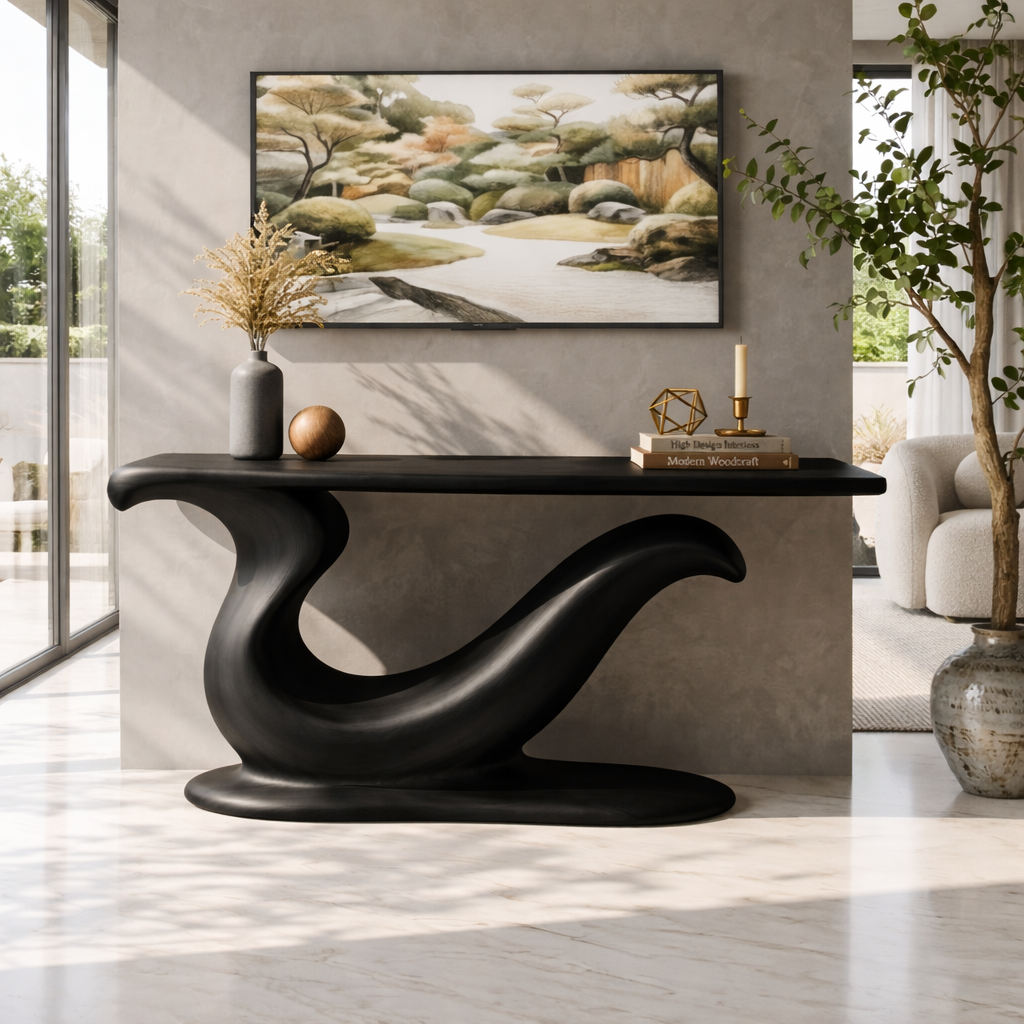 Solid Wood Console Table with Sculpted Curved Base, Modern Artistic Design