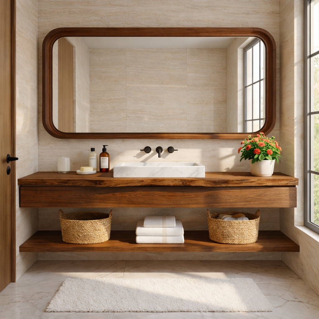 Natural Wood Floating Vanity with Round Mirror and Black Faucets