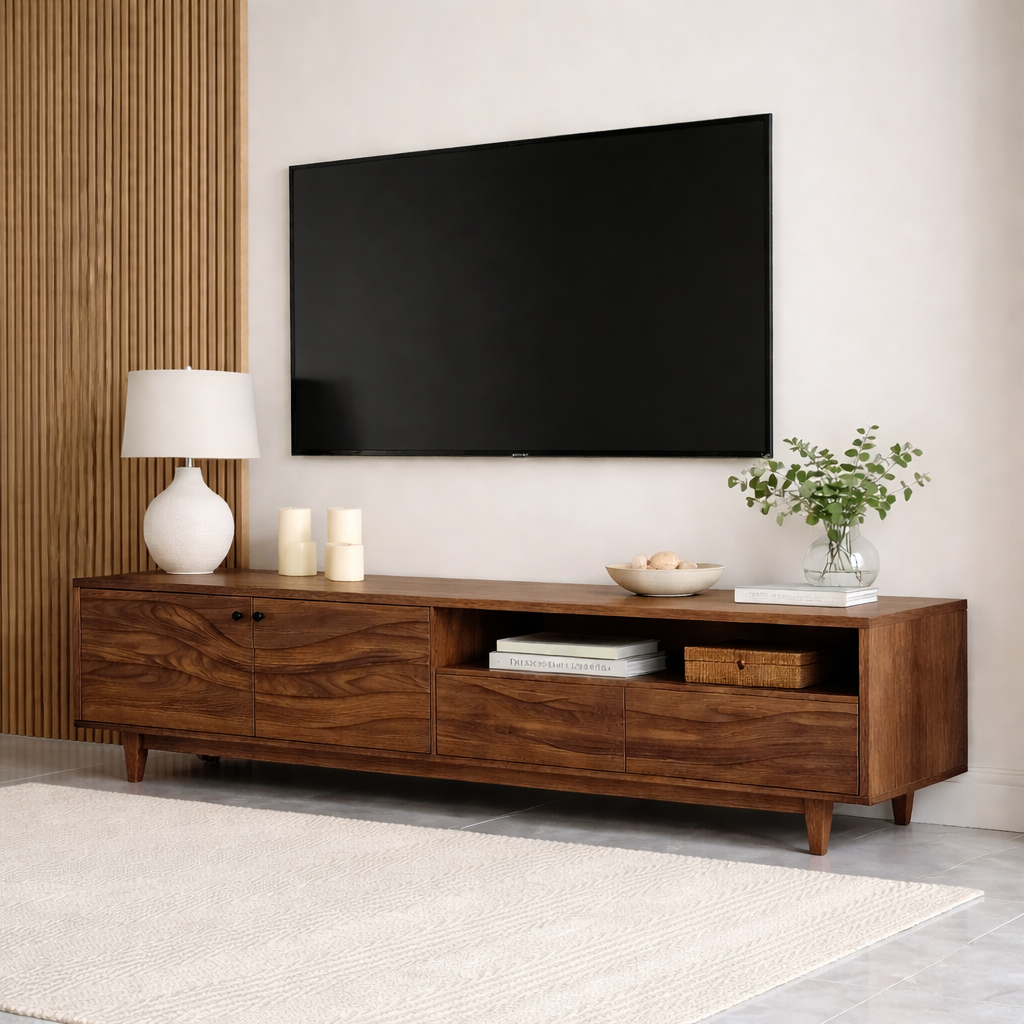 Mid Century Solid Wood TV Stand Long Media Console Modern Entertainment Cabinet