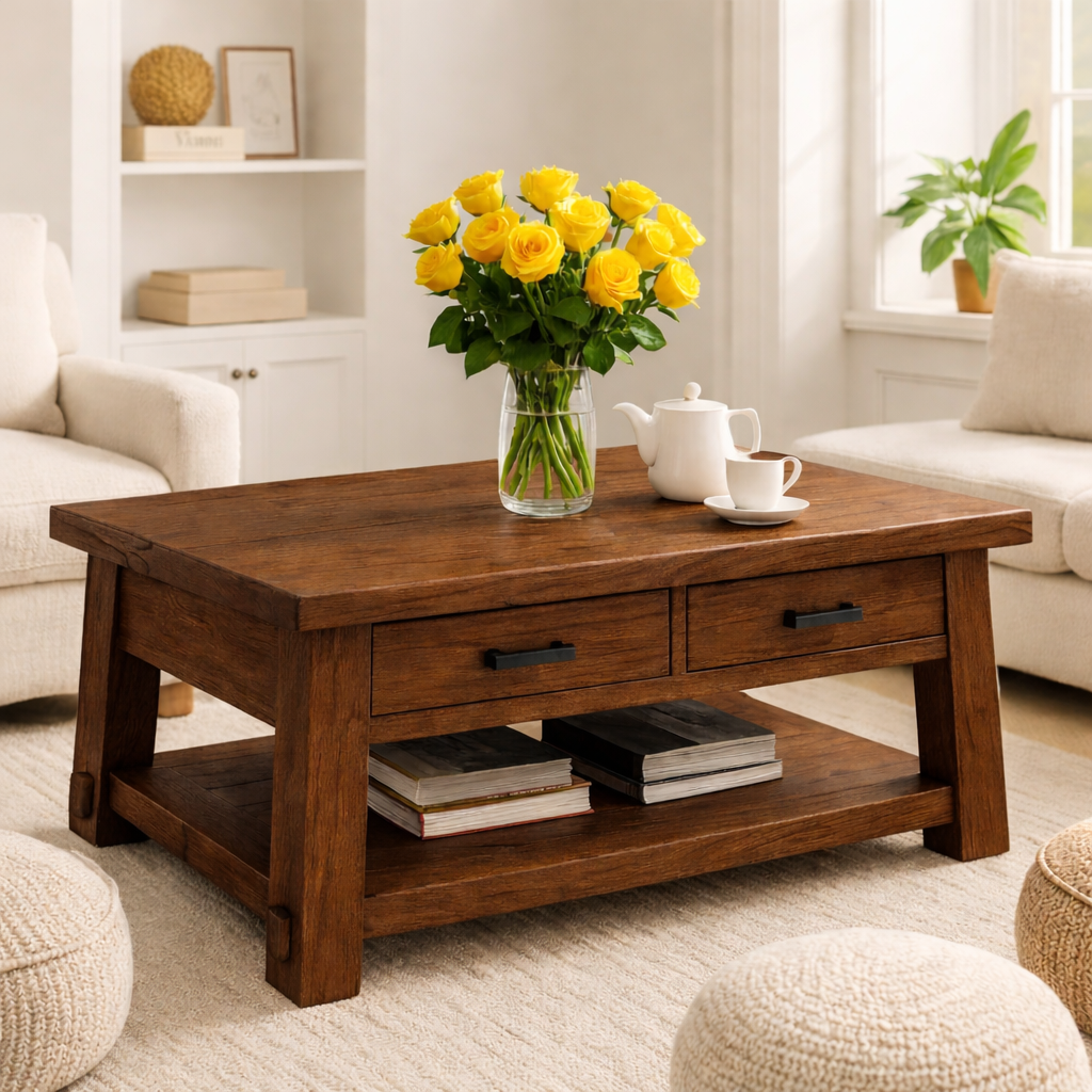 Solid Wood Coffee Table with Drawers and Storage Shelf Rustic Living Room Table