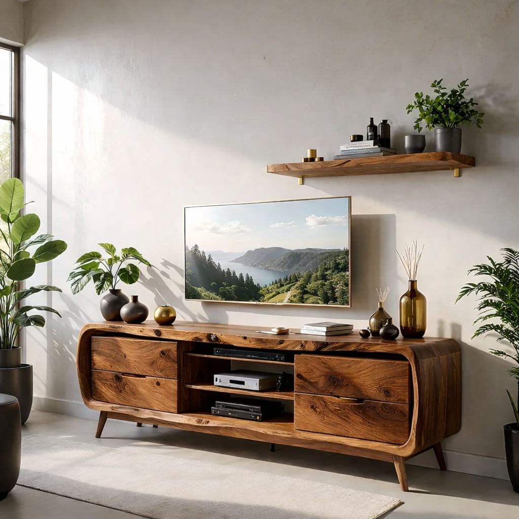 Solid Wood TV Stand Modern Walnut Media Console with Mid Century Design