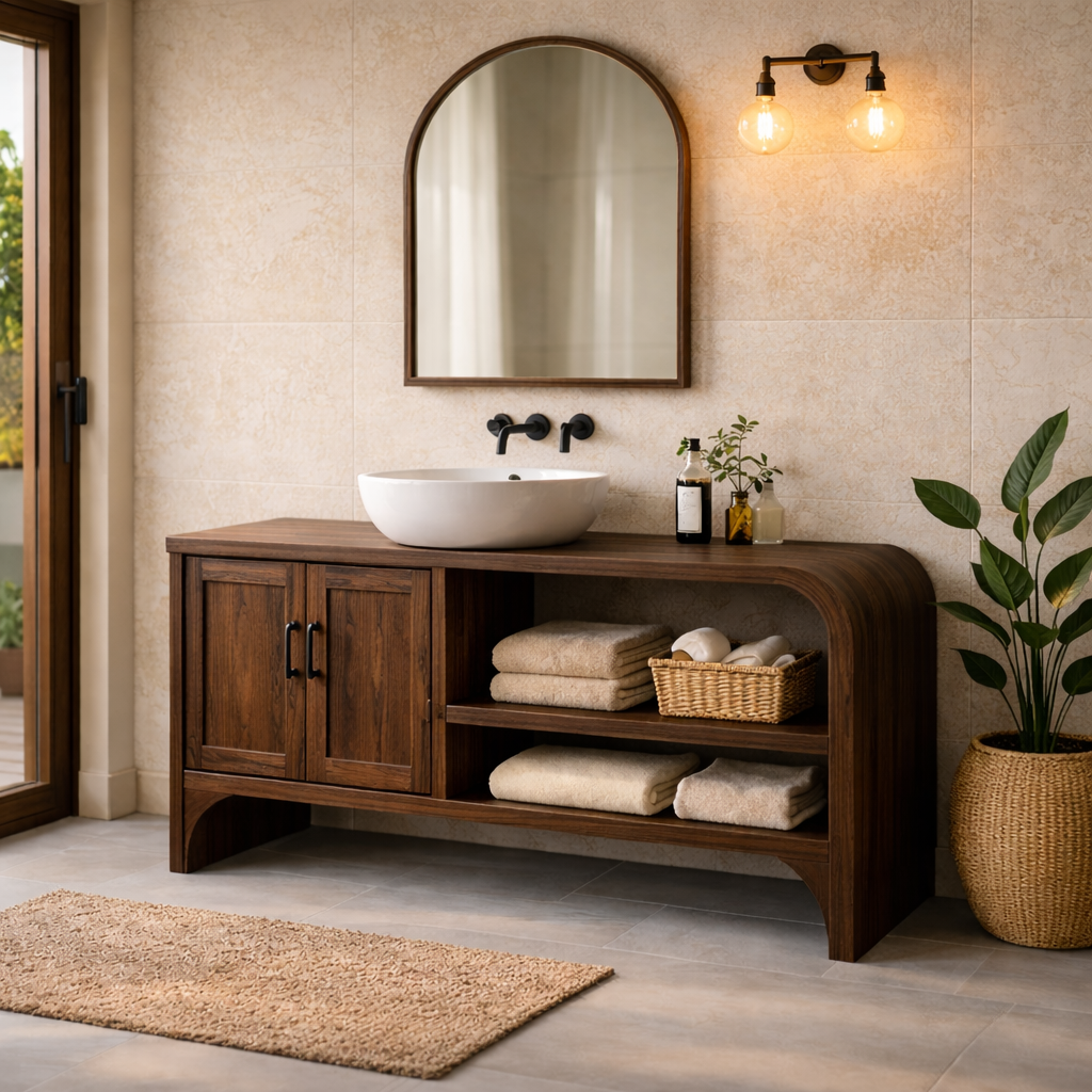 Solid Wood Bathroom Vanity Cabinet with Open Shelf and Double Doors Storage