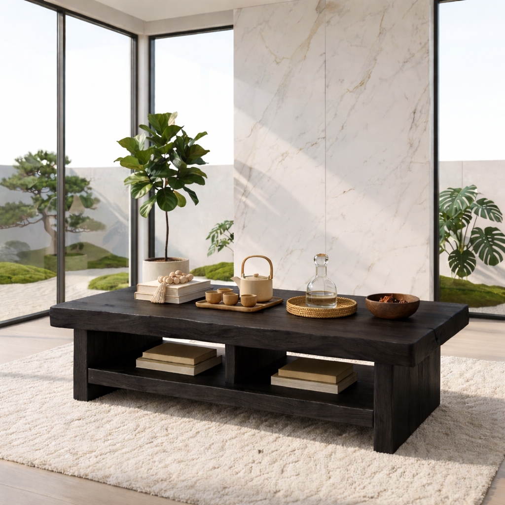 Rustic Solid Wood Coffee Table with Live Edge Top and Open Storage Shelf