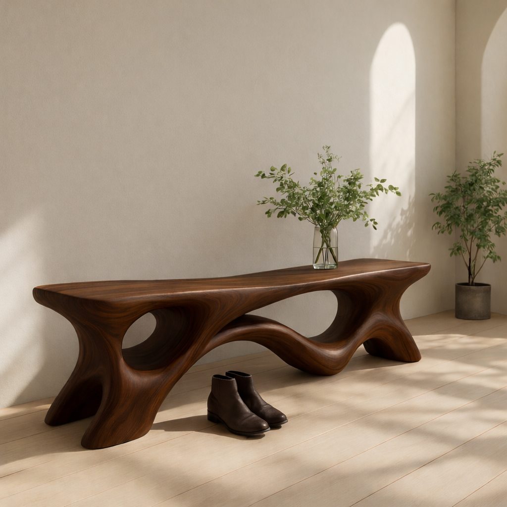 Solid Wood Entryway Bench with Sculptural Base – Modern Organic Wooden Bench