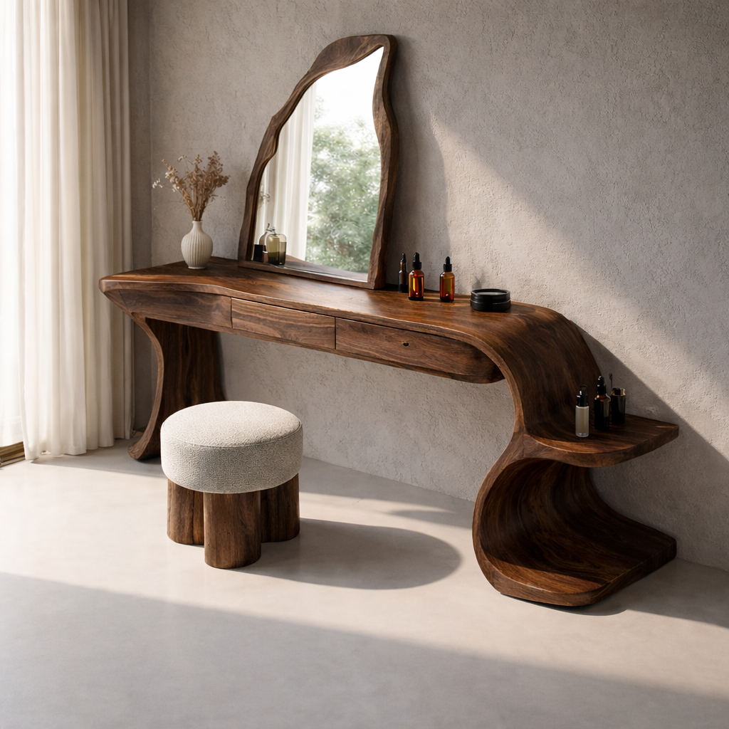 Handcrafted Solid Wood Makeup Vanity with Organic Design and Storage