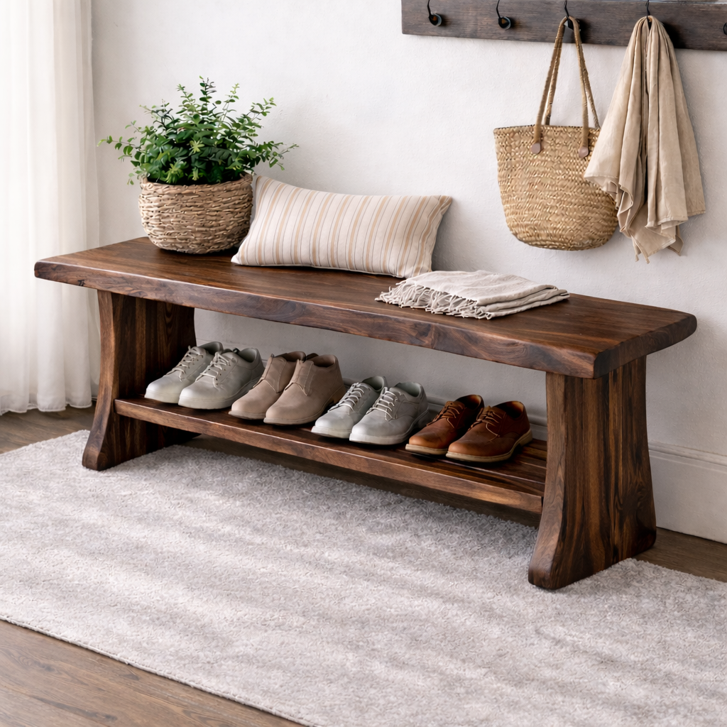 Solid Wood Entryway Bench with Shoe Storage | Rustic Hallway Seating