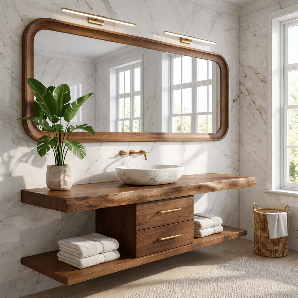 Luxury Floating Vanity with Walnut Wood, Large Storage, and Modern Design