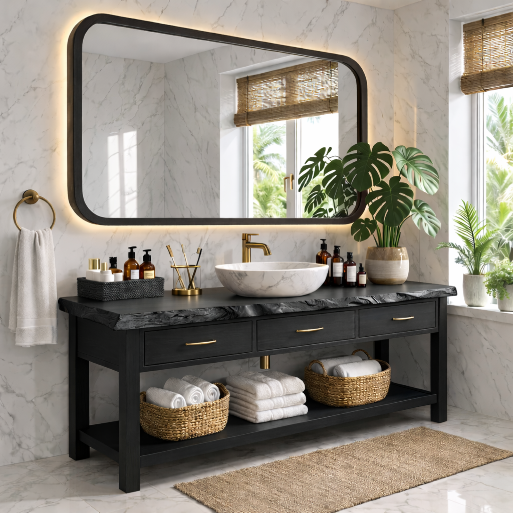 Elegant Wooden Bathroom Vanity with Spacious Storage and Marble Sink