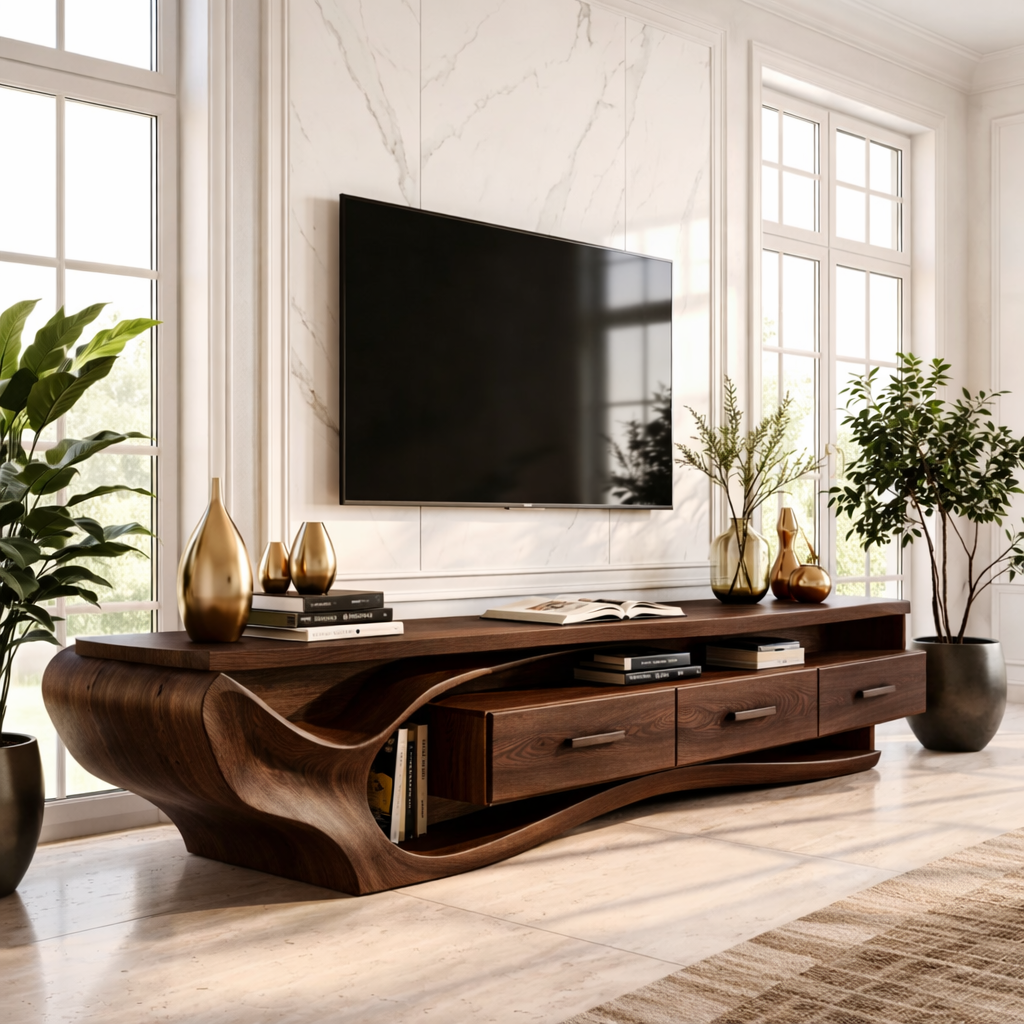 Solid Wood TV Stand with Wave Design, Modern Media Console Cabinet