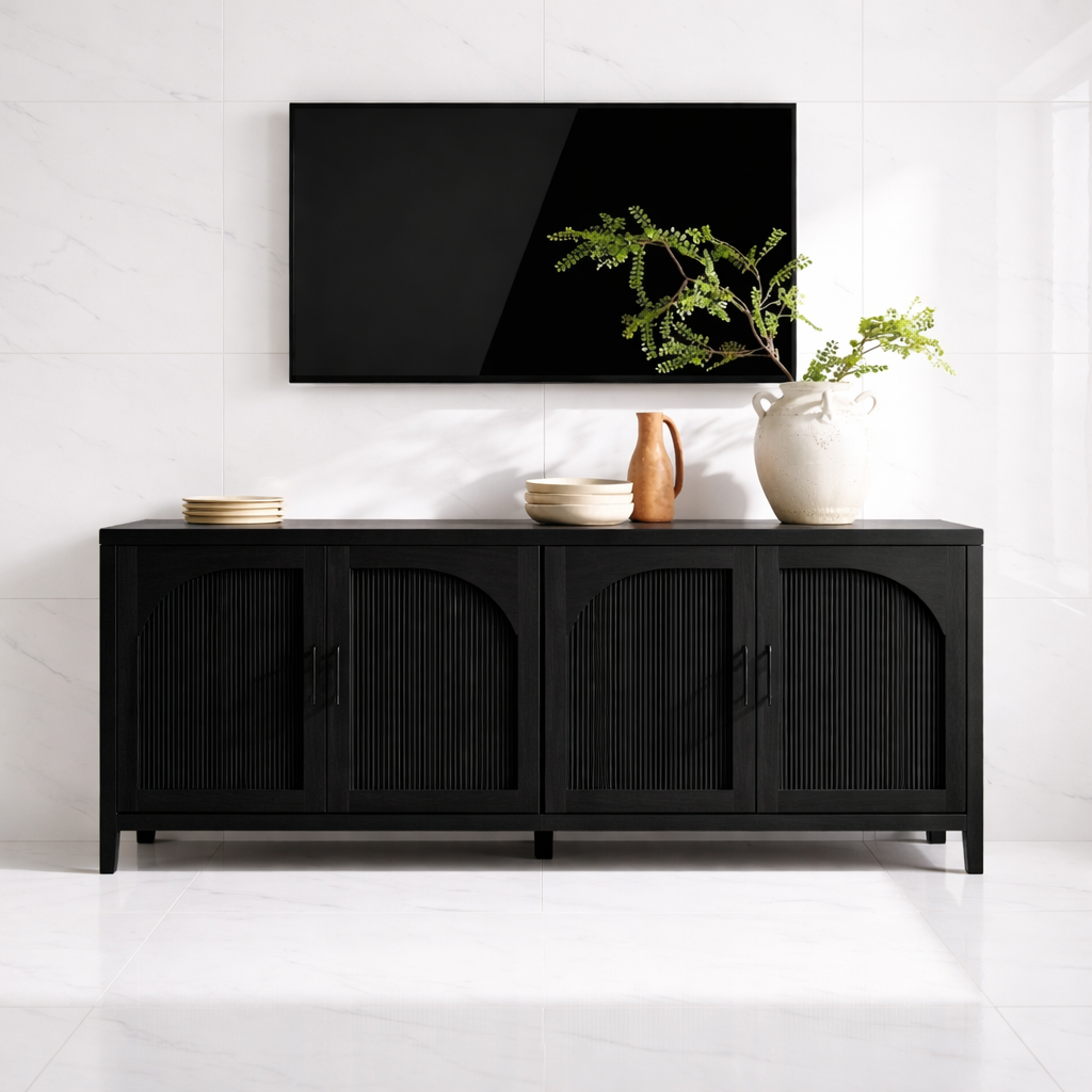 Modern Solid Wood TV Stand Arched Fluted Doors Media Console Storage Cabinet