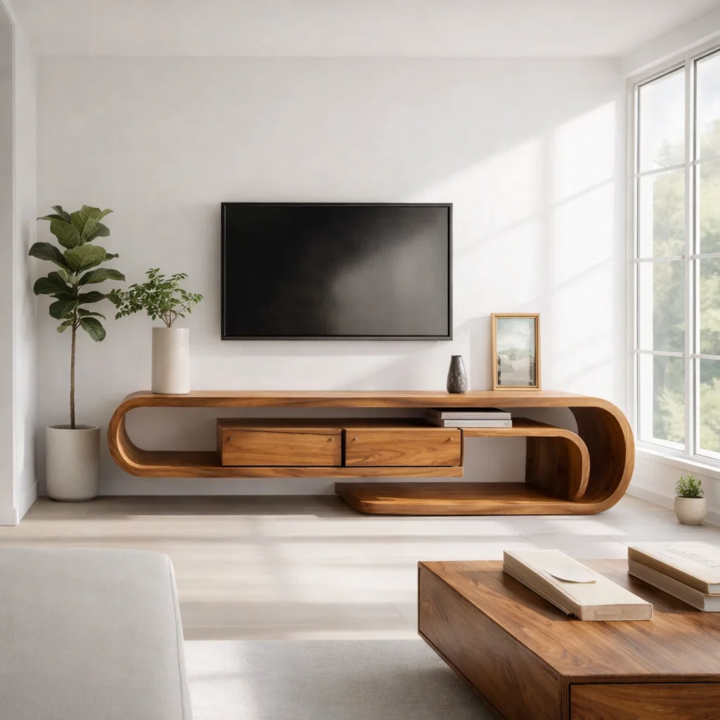 Solid Wood Media Console with Curved Frame & Floating Design, Modern TV Stand