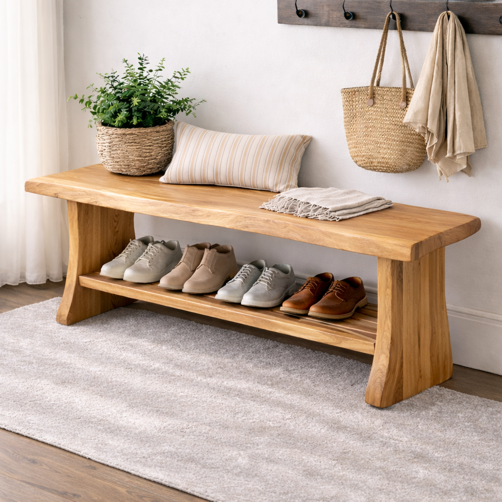 Solid Wood Entryway Bench with Shoe Storage | Rustic Hallway Seating