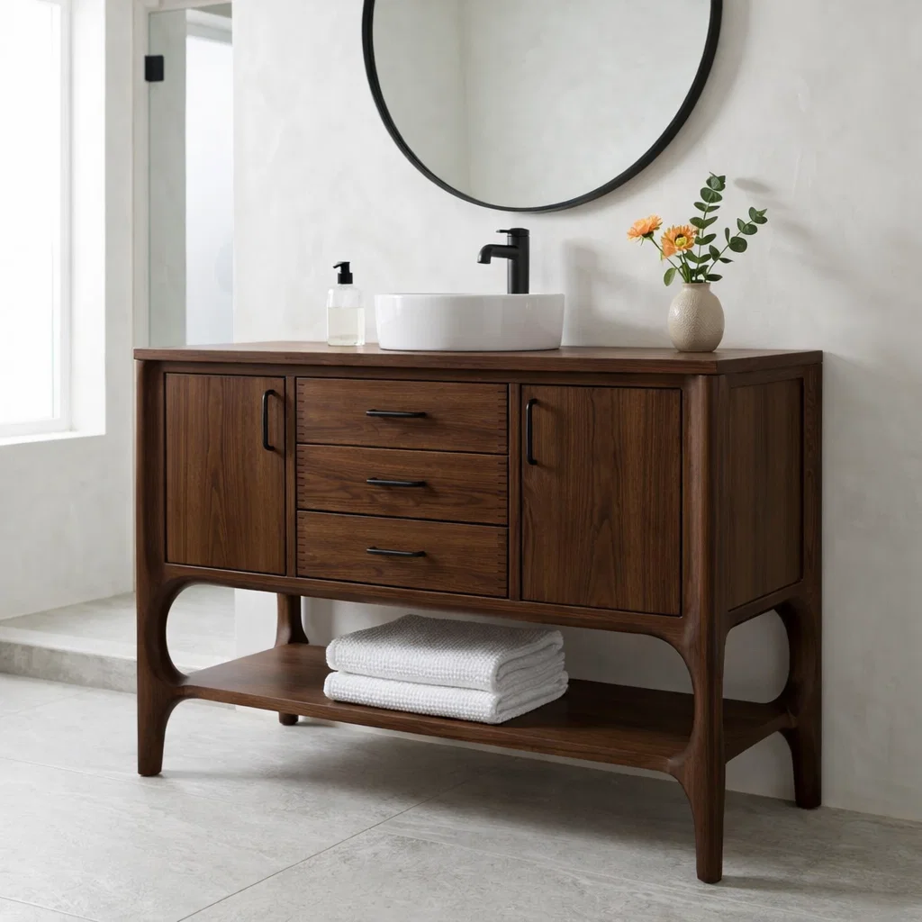 Solid Wood Bathroom Vanity with Drawers & Open Shelf – Modern Natural Base