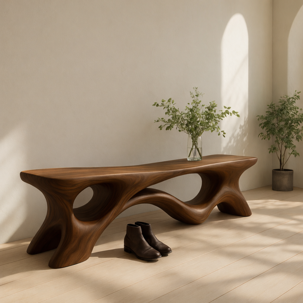 Solid Wood Entryway Bench with Sculptural Base – Modern Organic Wooden Bench