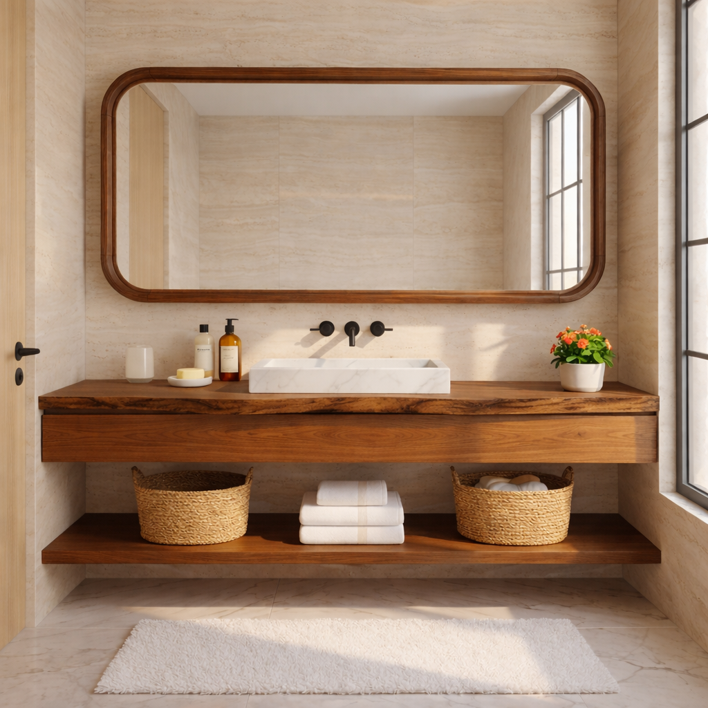 Natural Wood Floating Vanity with Round Mirror and Black Faucets