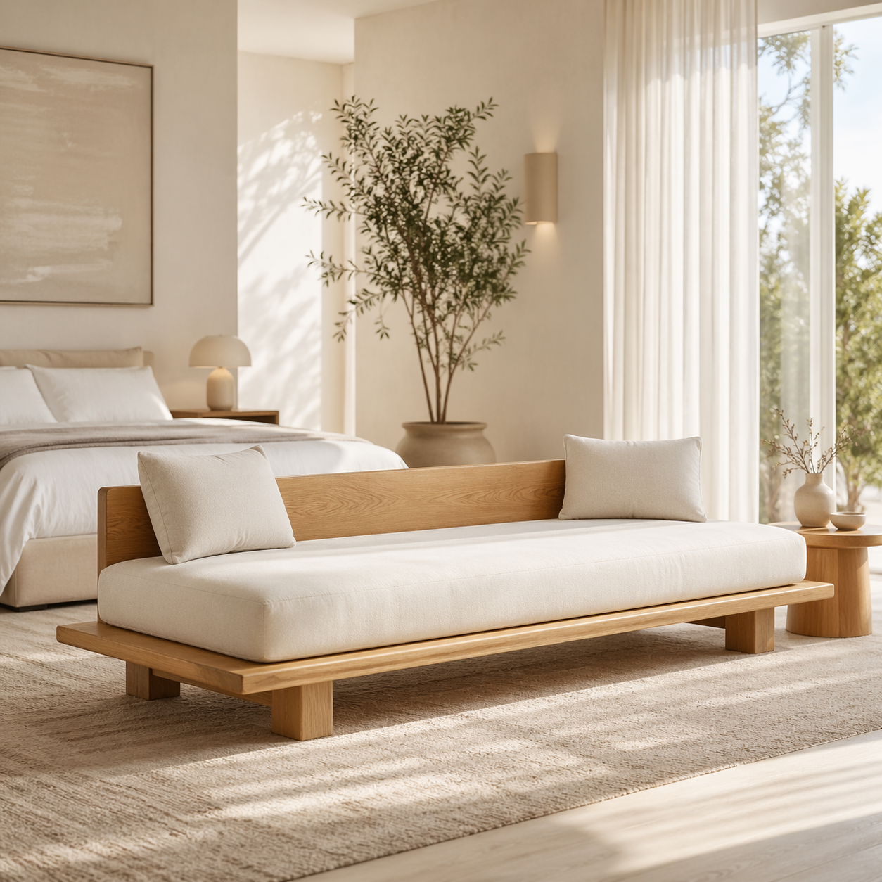 Modern Daybed Sofa with Backrest Minimal Upholstered Bench for Bedroom Decor