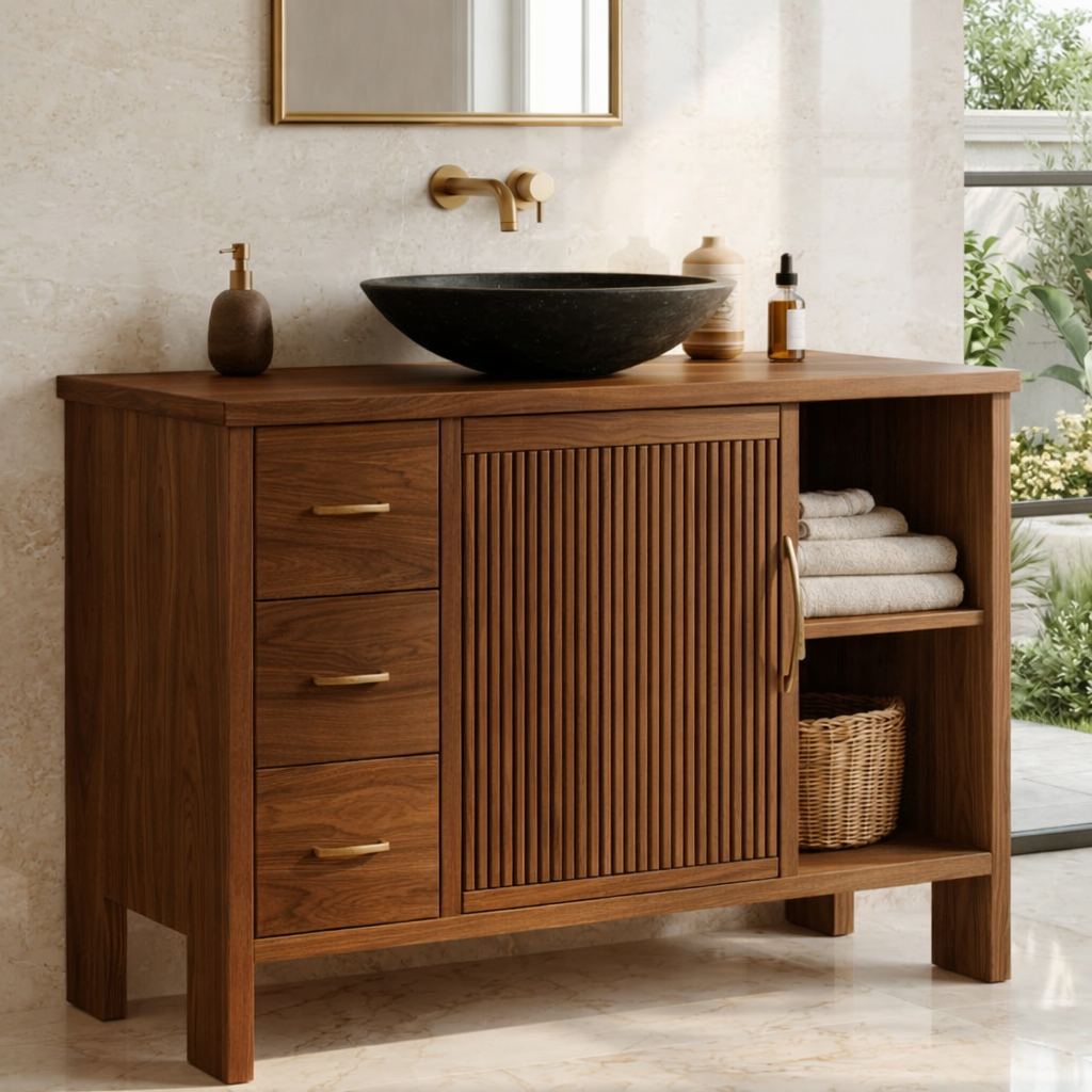 Modern Solid Wood Bathroom Vanity with Fluted Door, Drawers and Open Shelf Storage