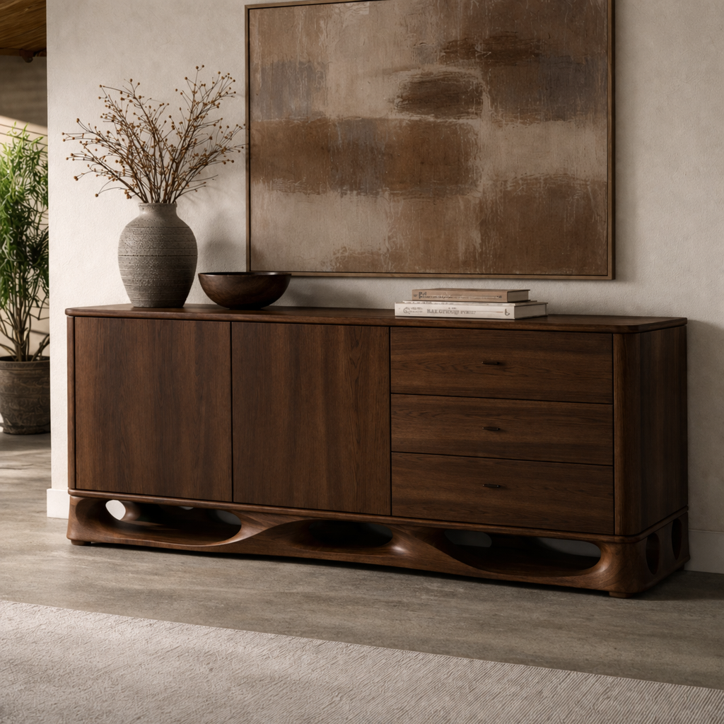 Solid Wood Console Cabinet with Sculptural Base and Drawer Storage