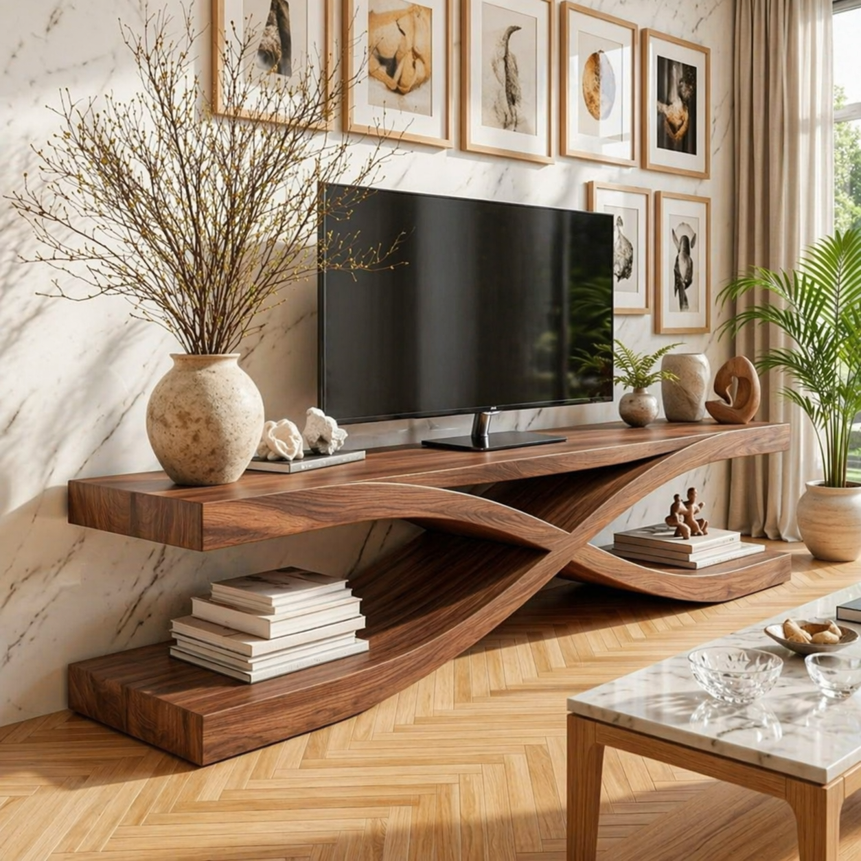 Modern Wave TV Console, Sculptural Media Stand, Minimalist Living Room Cabinet