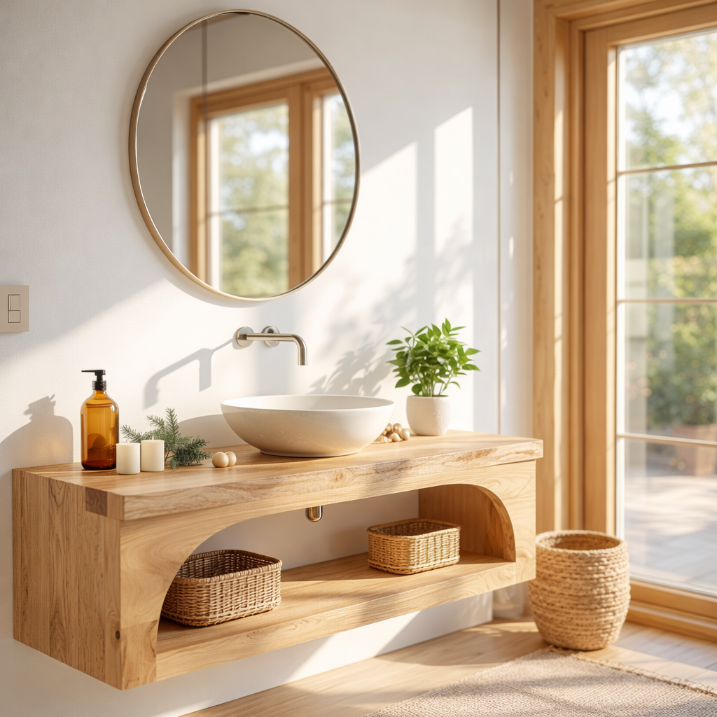 Floating Vanity with Walnut Wood Finish and Spacious Storage Shelf