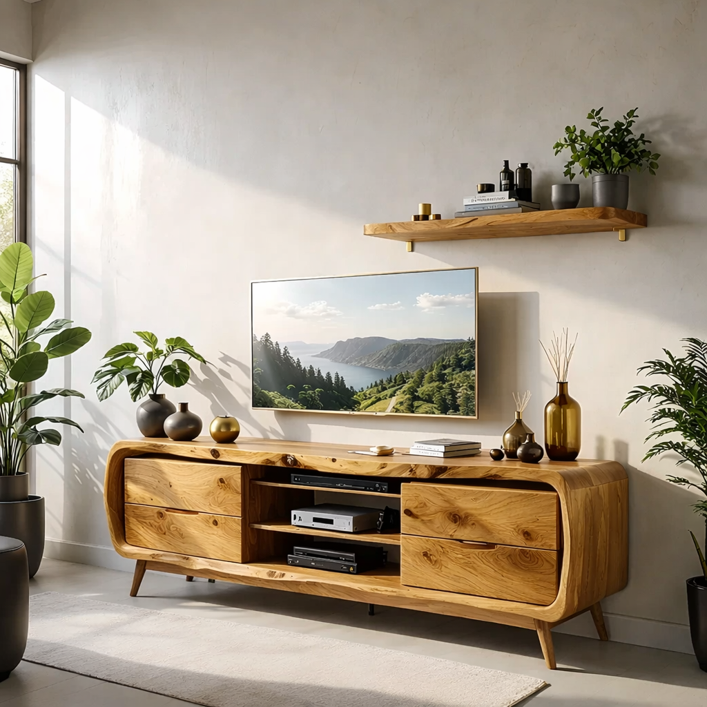 Solid Wood TV Stand Modern Walnut Media Console with Mid Century Design
