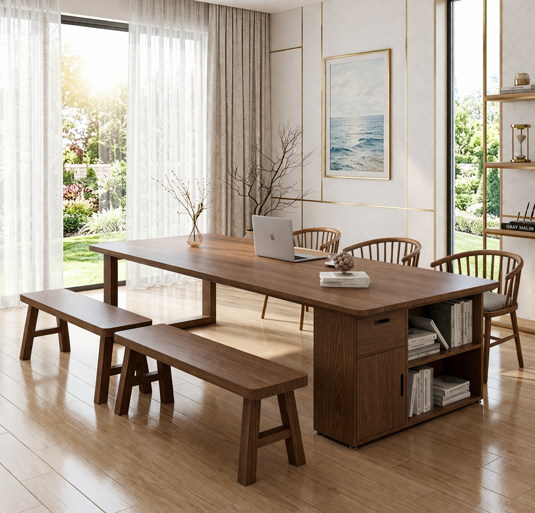 Modern Wooden Desk with Storage and Benches for Office or Home