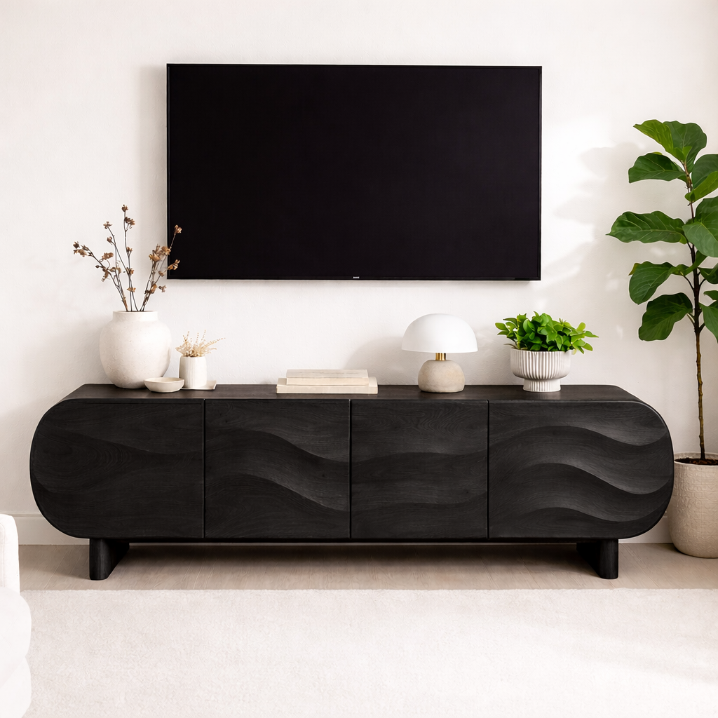 Modern Curved Wood TV Stand Long Media Console Storage Cabinet Low Profile Entertainment Center