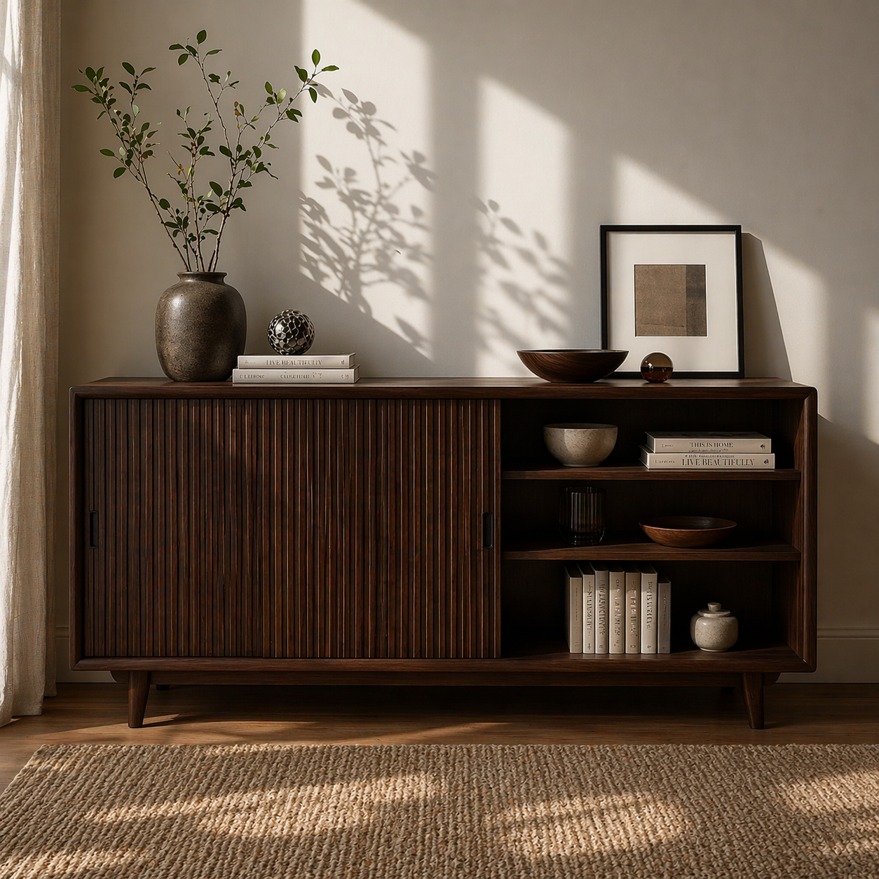 Solid Wood Sideboard Cabinet with Sliding Slatted Doors & Open Shelf Storage