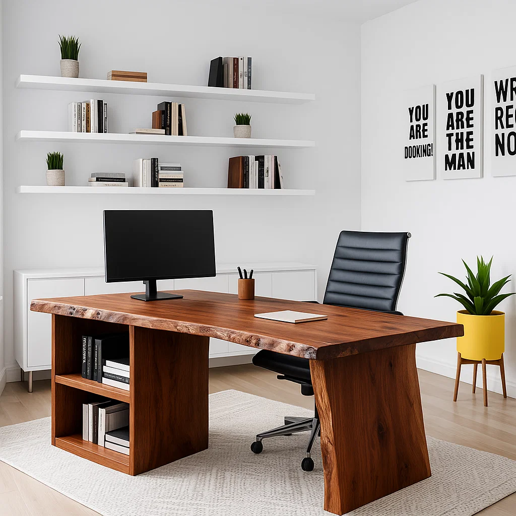 Live Edge Office Desk Modern Executive Writing Desk With Storage Shelf Large Workspace