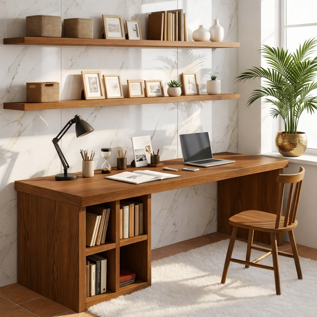 Modern Long Writing Desk with Storage Shelves Home Office Work Table Minimal Design