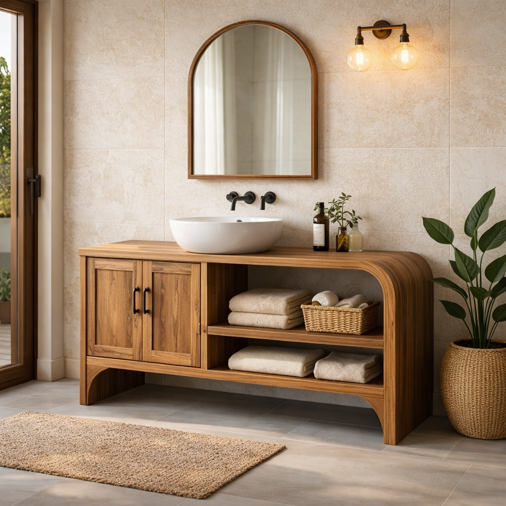 Solid Wood Bathroom Vanity Cabinet with Open Shelf and Double Doors Storage