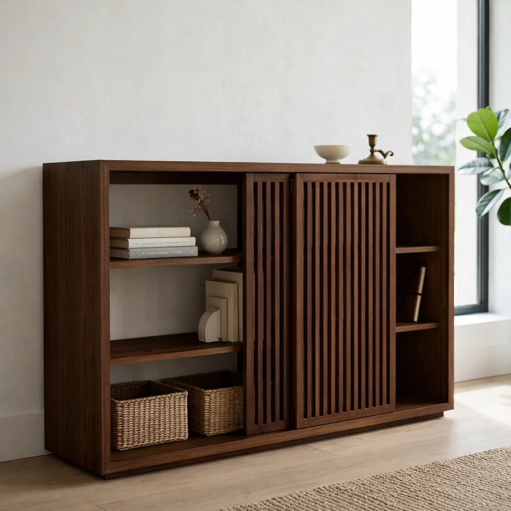 Solid Oak Console Cabinet with Sliding Slatted Doors – Modern Storage Sideboard