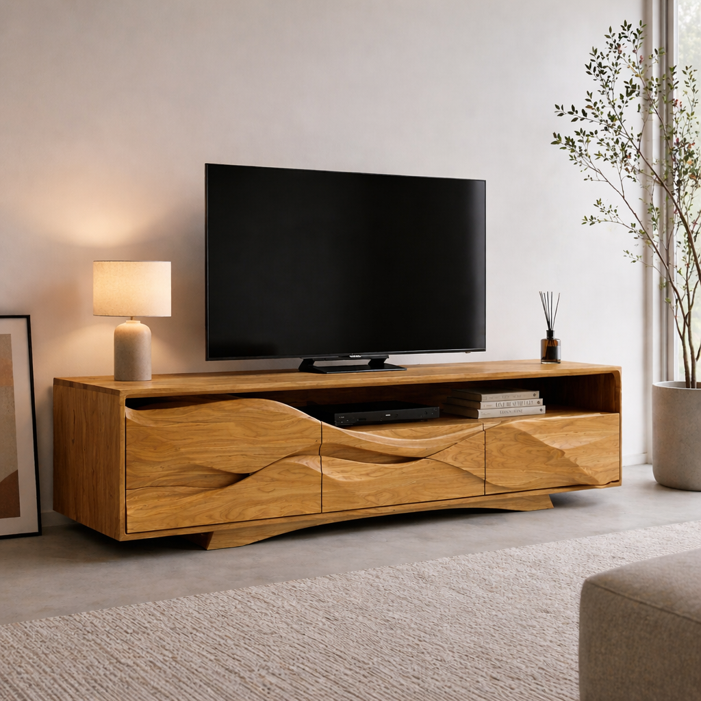 Solid Wood Media Console with Sculpted Front, Modern TV Stand with Storage Shelves