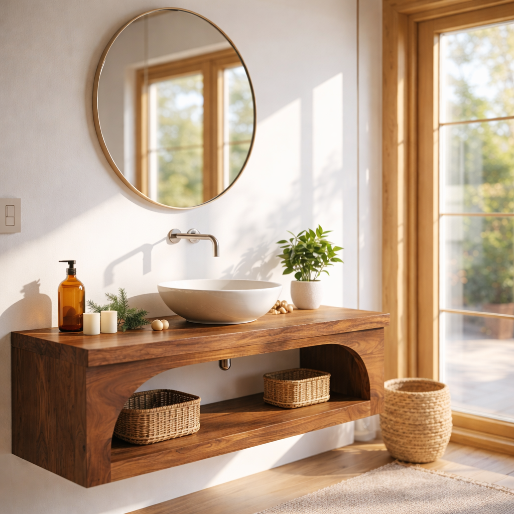 Floating Vanity with Walnut Wood Finish and Spacious Storage Shelf
