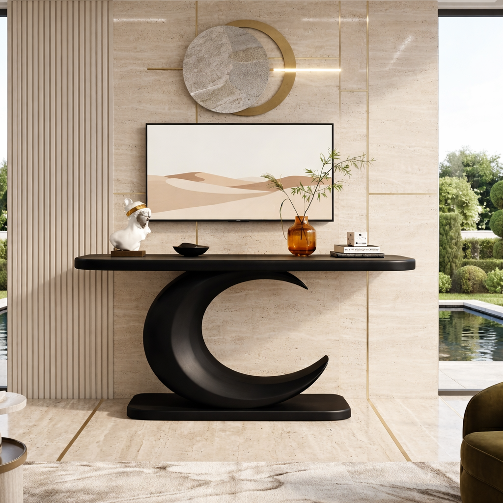Solid Wood Console Table with Sculpted Crescent Base, Modern Artistic Design