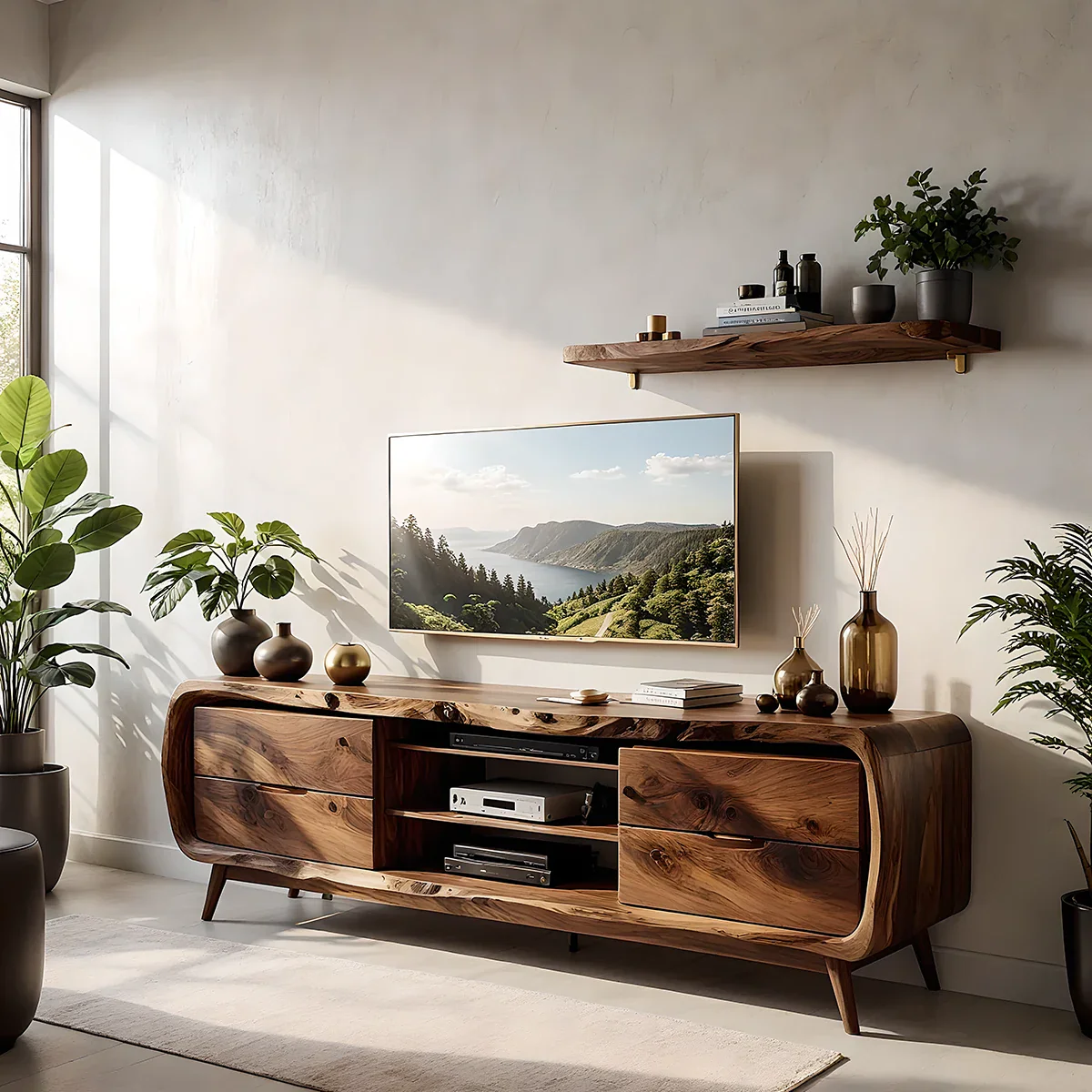 Solid Wood TV Stand Modern Walnut Media Console with Mid Century Design