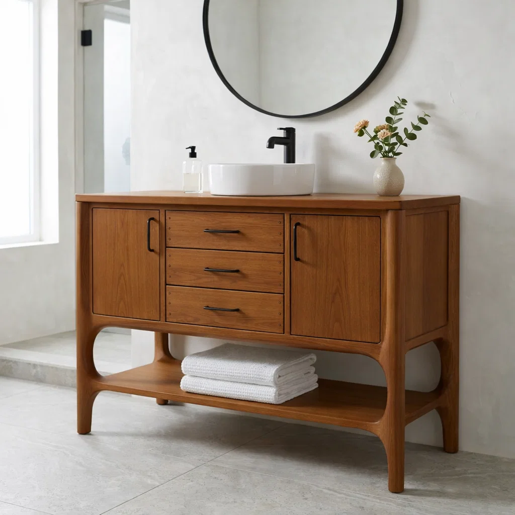 Solid Wood Bathroom Vanity with Drawers & Open Shelf – Modern Natural Base