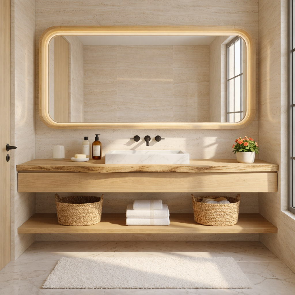 Natural Wood Floating Vanity with Round Mirror and Black Faucets