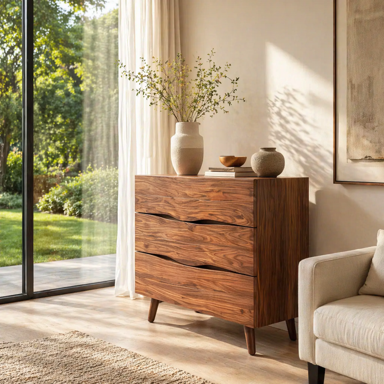 Live Edge Solid Wood Console Sideboard – Rustic Modern Walnut Storage Cabinet