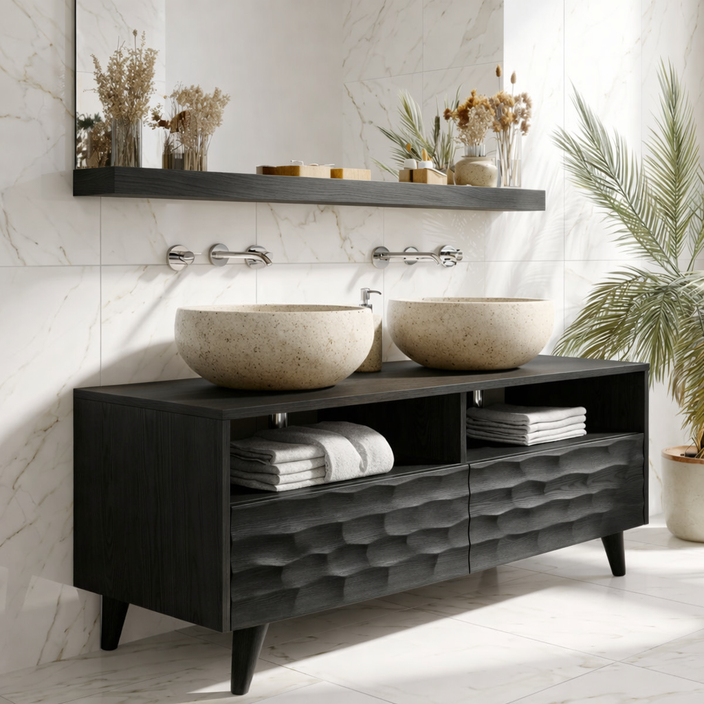 Modern Solid Wood Double Bathroom Vanity with Open Storage and Textured Drawers