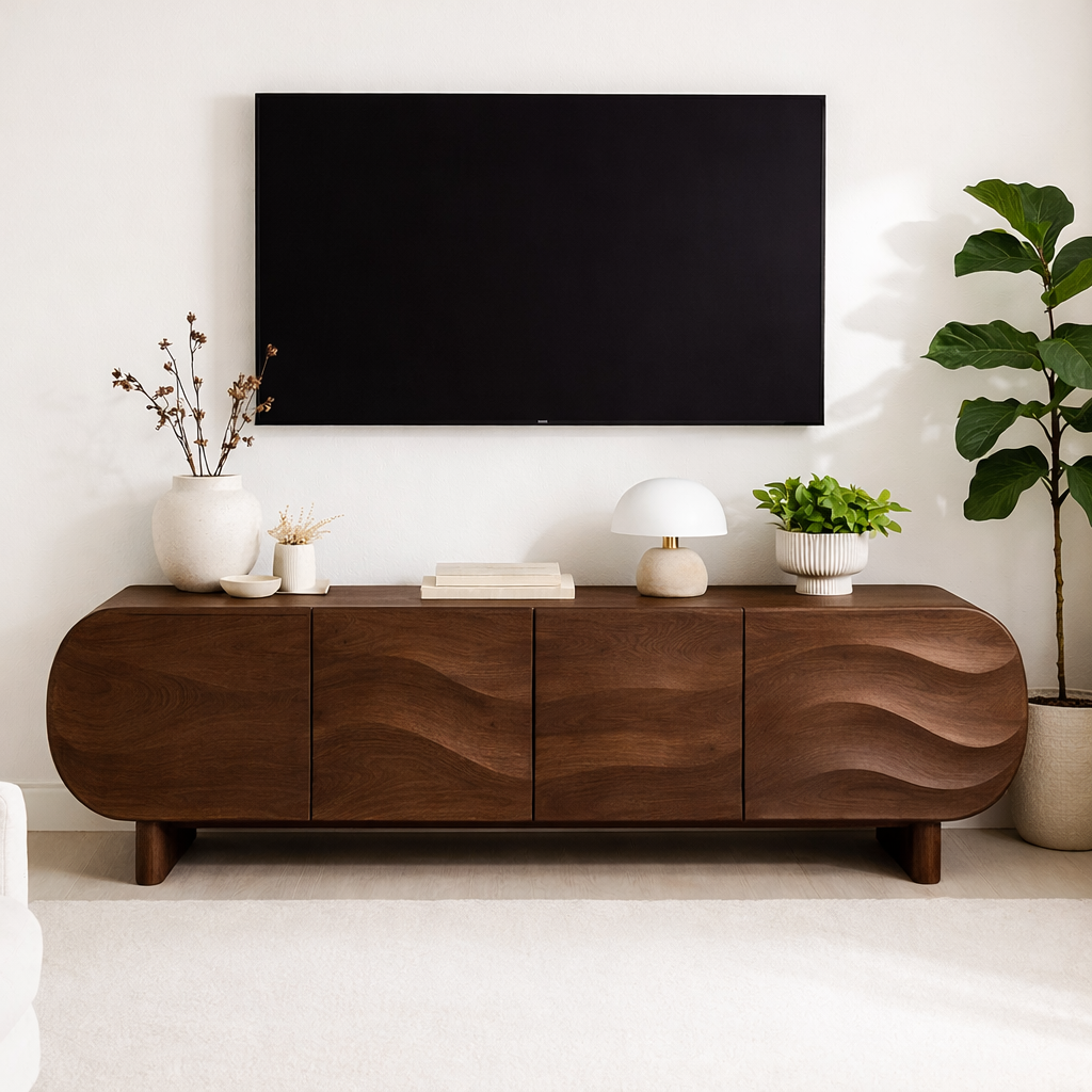 Modern Curved Wood TV Stand Long Media Console Storage Cabinet Low Profile Entertainment Center