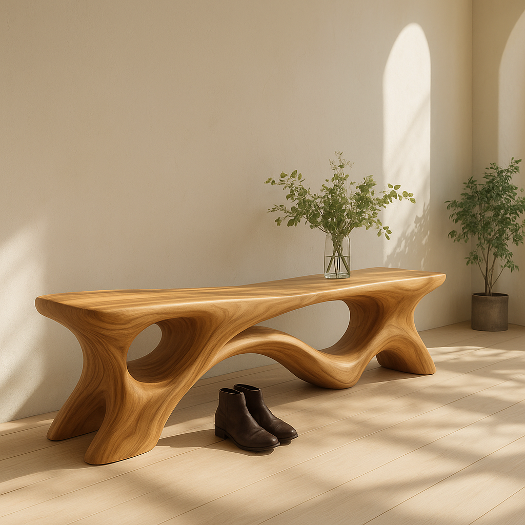 Solid Wood Entryway Bench with Sculptural Base – Modern Organic Wooden Bench